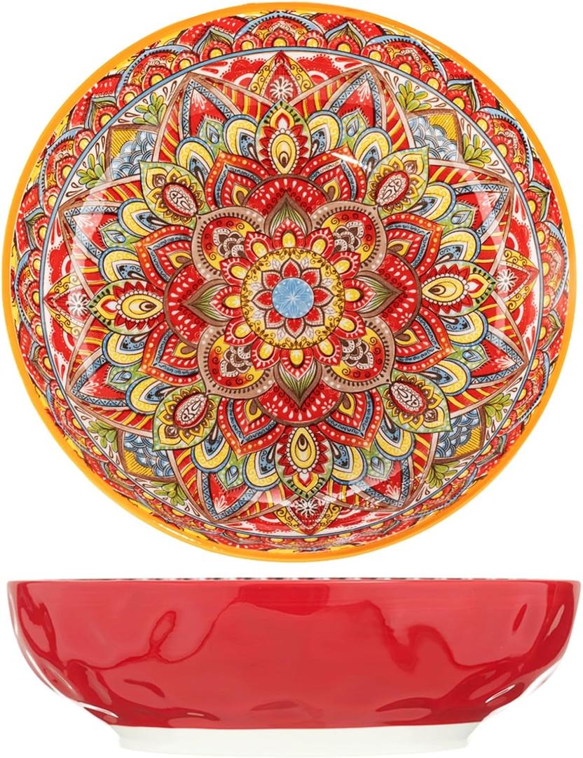 Boho Large Serving Bowls, 10.2 Inch Fruit Salad Bowls, Decorative Serving Dishes for Entertaining, 80 OZ Pasta Bowls Set of 2, Vibrant Colorful Soup Bowls for Party, Home Decor, Bohemian Style Gift (Orange+Red)