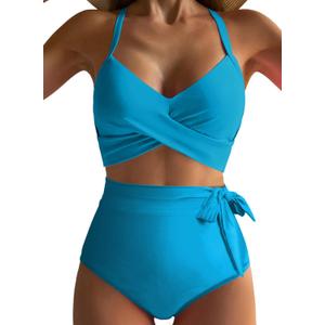 Dokotoo Swimsuits for Women High Waisted Bikini Two Piece 2025 Adjustable Straps Up Tummy Control Cross Front Bathing Suit Summer Sexy Set Beach (Blue, XXL)