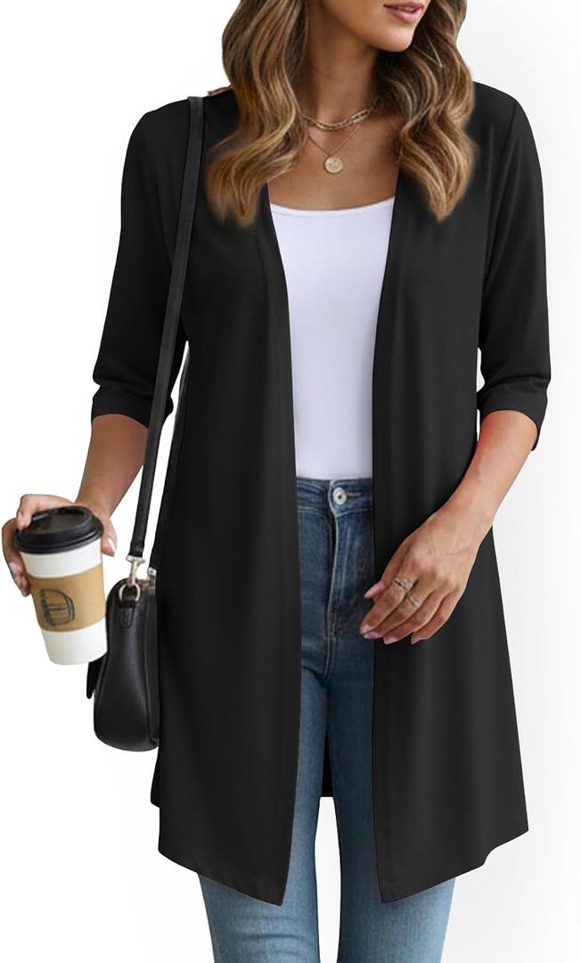 YSYOKOW Womens Lightweight Open Front Cardigan Casual Loose Knit 3/ 4 Sleeves Fall Outwear Fashion(Black, XX-Large)