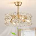 20" Gold Caged Ceiling Fan with Light and Remote Control Flower Crystal Chandelier Ceiling Fan Boho Fandelier for Girl's BedroomNurseryLiving RoomEnclosed 6 Speeds Height Adjustment