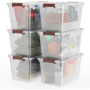 WYT 32 Qt Plastic Clear Storage Bin with Durable Lids and Latching Buckle, 6-Pack Tote Organizing Box Stackable and Nestable