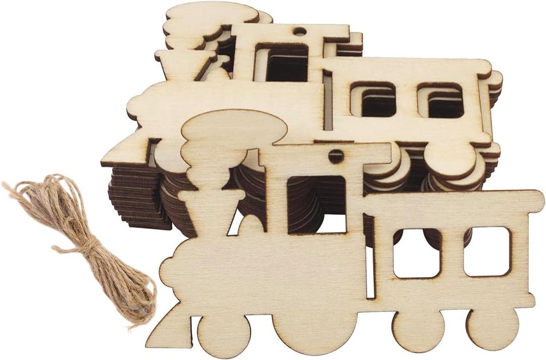 30 Pack 4 Inch Unfinished Wood Train Cutouts Crafts Wooden Train to Paint Train Shape Cutouts Paint Wooden Cars Hanging Ornaments DIY Gift Tags for Home Party Decoration Craft Project