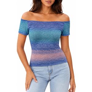 LilyCoco Off The Shoulder Tops for Women Striped Short Sleeve Sexy Going Out Top Multicolor Large (L)