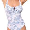Womens Tie Floral Sexy One-Piece Tankini Bathing Suits Slimming Swimsuit (Blue1), XL