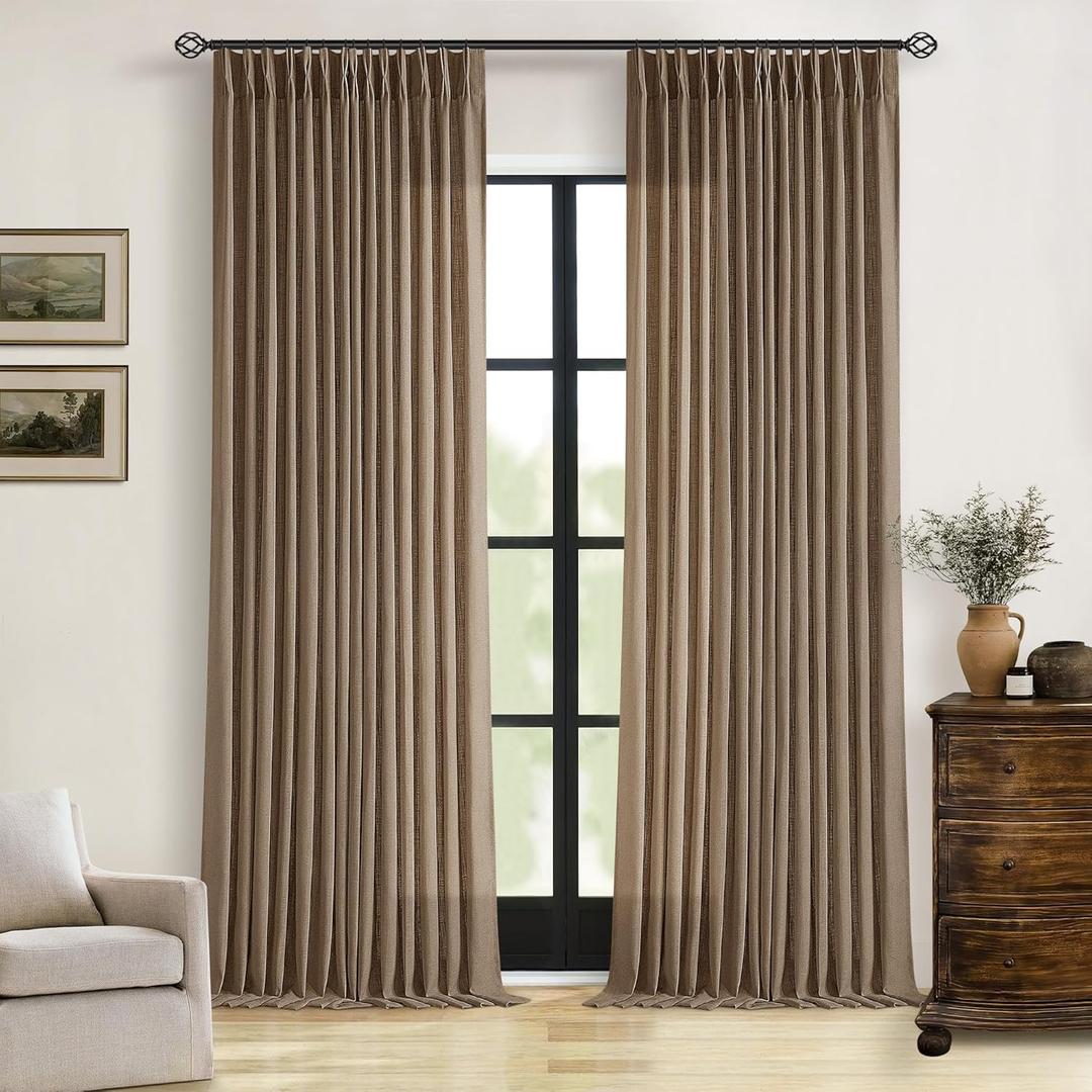 Dutch Cocoa Linen Curtains 102 Inches Long for Living Room Pinch Pleated Drape with Hooks Rings for Track System Light Filtering 102 Inch Curtain for Bedroom Sliding Patio Door 2 Panels Brown