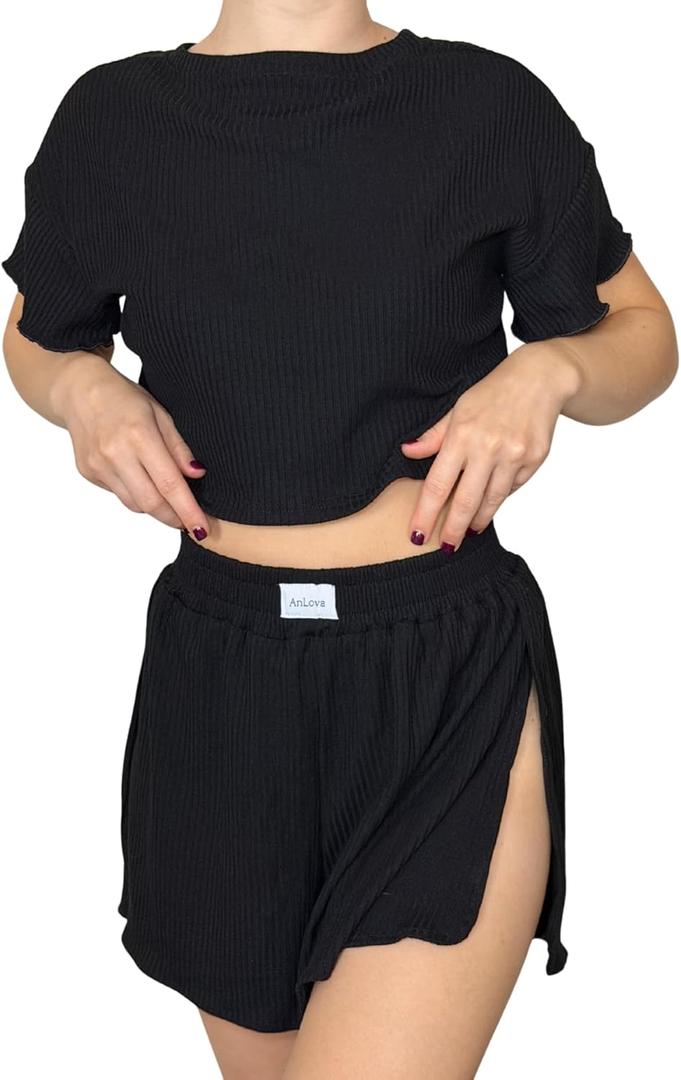 Cotton Blend Split Leg Pjs for Women 2 Piece Soft Pajama Set for Women Black Lounge Set Top and Shorts Matching Set (Medium)