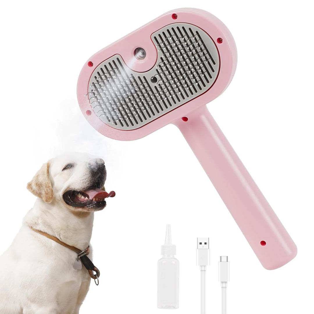 Cat Steam Brush-3 in 1 Pet Brush,Dog Shedding Tool Self Cleaning Pet Spray Depilation Comb with Release Button,Dog Steam Brushs,Cat Grooming Supplies for Long Short Haireds (Pink, Pink)