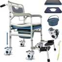 4-in-1 Floding Bedside Commode Chair, Rolling Shower Wheelchair with Arms, 4 Lockable Wheels, Detachable Bucket, Toilet Brush, Height Adjustable & Flip-up Footrest, Padded Mobile Toilet Chair