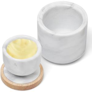 Libken French Butter Crock Marble Butter Keeper with Real Marble and Wood, Easy to Clean, Versatile Storage, Effortless Freshness, 135ml Capacity Airtight Water Seal, Keeps Butter Fresh & Spreadable