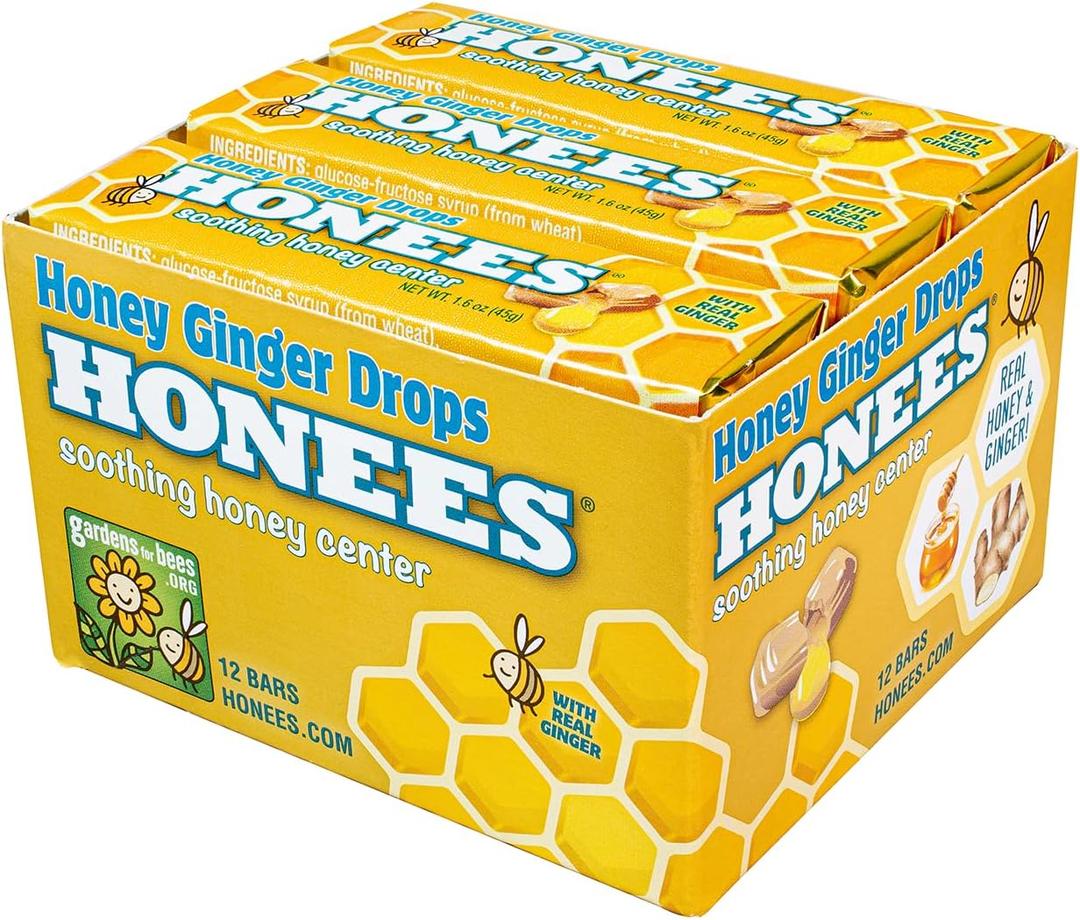 Honees Filled Honey Ginger Drops, Natural Cough Drops- Pure Ginger Sore Throat Relief - Nothing Artificial -Throat Coat Lozenges, Natural Cough Suppressant, Non-GMO (12 Pack – 108 Drops)