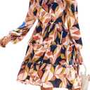 BTFBM Women Fall Dresses 2026 Floral V Neck Long Sleeve Tiered Ruffle Boho Swing Flowy A-Line Mini Dresses Vacation, Small