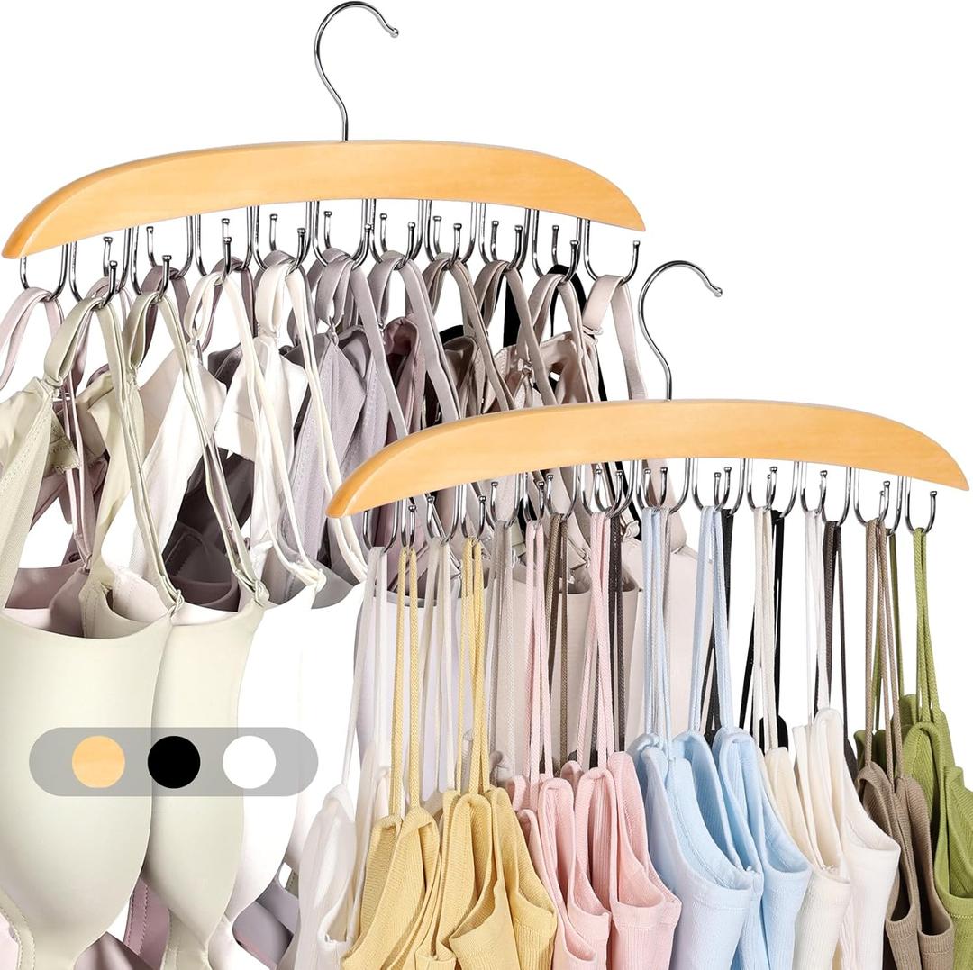 2 Pack Bra Hangers for Closet Organizer, Bra Organizer with 40 Stainless Steel Hooks, Wooden Tank Top Hanger, Closet Organizers and Storage for Bras Camis Belts Ties, Natural