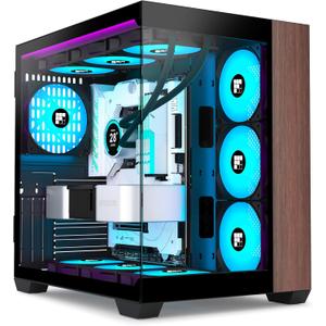 M9 PC Case -Genuine Walnut Wood, Pre-Installed 7 PWM ARGB Fan, ATX Mid-Tower Gaming PC Case, 270 Panoramic Glass, Type-C, Black, FOIFKIN (Black, 7*Fans)