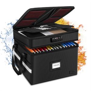 ETRONIK Fireproof Document Box with Lock, 2 Layer File Cabinet Organizer with 5 Tab Inserts, Portable Office Collapsible File Storage with Reflective Strip for Hanging Letter, Legal Size Folder (Black)