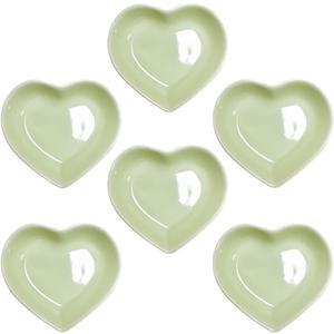 6 pcs Light Green Heart Shaped Porcelain Soy Sauce Dish 1.65 oz Ceramic Dip Dipping Bowls for Dinner Baking BBQ and Cooking