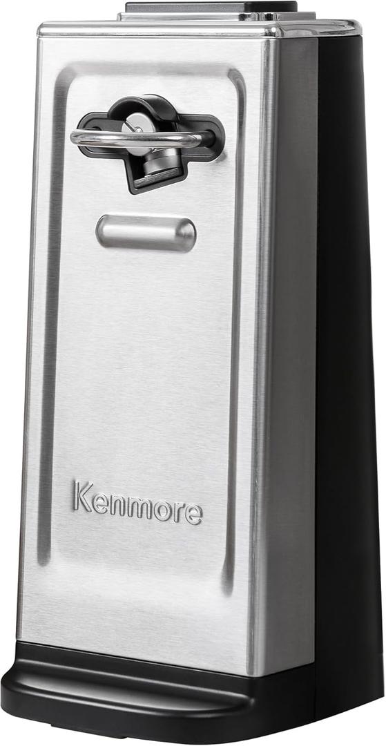 Kenmore Smooth Edge Electric Can Opener Extra Tall Stainless Steel One Touch Side Cut Blade Opens Regular & Pop Top Cans Safe Easy Compact Durable Silver Black