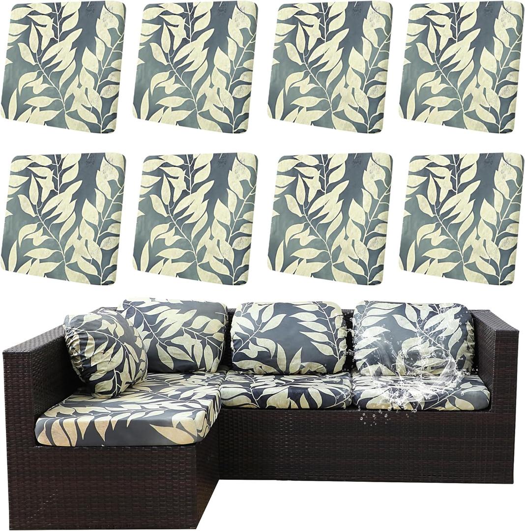 8Pcs Outdoor Cushion Covers, Patio Cushion Covers,Stretch Elastic Slipcovers, Replacement Washable & Reusable Furniture Protector for Patio Couch (Black Fantasy-Pattern,Cover Only)