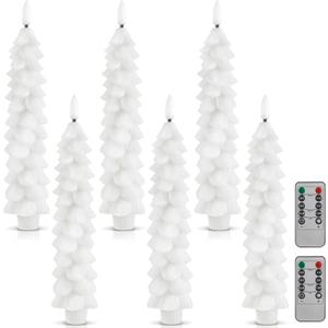 Funtery 6 Pcs LED Christmas Tree Flameless Taper Candles Real Wax Battery Operated Candlestick Lights with 3D Flame and Remote Timer Window Fireplace(White,Christmas Tree)