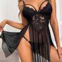 Plus Size Women Sexy Lingerie Set Lace Babydoll Strap Chemise Nightgown Sleepwear Side Slit Nightdress with Panty (Black, XXL)