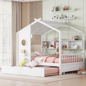 Full Size House Bed with Trundle, Wooden Kids Bed Frame with Storage Shelves, Full Montessori Bed with Roof and Window Design for Girls Boys (White-WW)