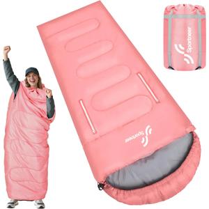 Sportneer 0 Degree Wearable Sleeping Bag for Adults & Kids Walkable with Arm Zippers, Waterproof & Warm, Compact for Camping, Stadiums, Travel, Backpacking & Car Use (78.7''Long 32-65, Pink)