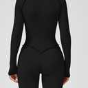 AEEZO Womens Contour Seams Long Sleeve Padded Workout Jumpsuit Zip Up Tummy Control One Piece Bodycon Yoga Rompers (Black, M)