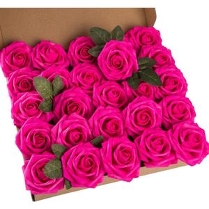 25pcs Artificial Flower Foam Rose Real Touch Roses Flower Heads with Stem for DIY Wedding Bouquets Centerpieces Arrangements Party Baby Shower Home Decor (Hot Pink)