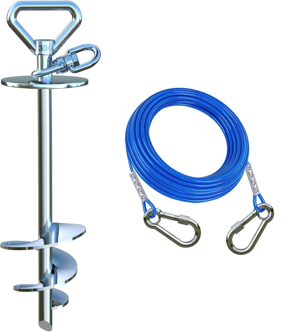 Dog Tie Out Cable and Stake,with 15 Feet Heavy Duty Cable(up to 200lbs),360° Swivel Dog Run Anchor,Runner for Yard-No Tangle,Ideal for Outdoor Camping