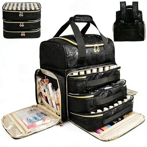 Veirdro Nail Polish Organizer Backpack Holds 130 Bottles (15ml/0.5fl.oz)& Nail Lamp, Extra Large Nail Kit Storage Bag with 3 Removable Carrying Cases, Nail Tech Supplies Organizer Case for Women Black