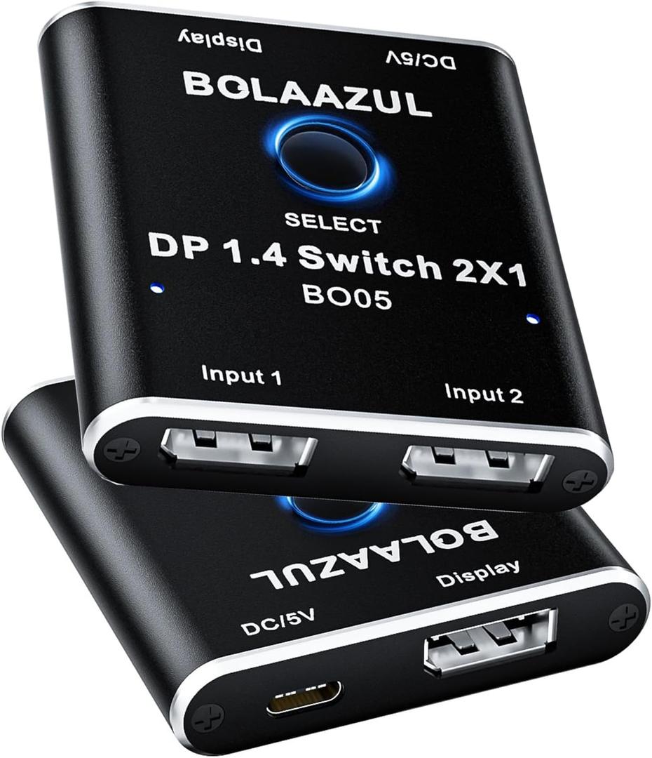BolAAzuL DisplayPort Switch 8K 2 in 1 Out, Display Port 1.4 Splitter Switcher Selector Box - 8K@60Hz, 5K@120Hz, 4K@144Hz, 2K@165Hz - Unidirectional|Plug&Play|with Equalizer for PC Host Monitor Laptop