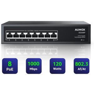 8 Port Gigabit PoE Switch, 8 Port PoE 120W, Gigabit Ethernet Unmanaged Network Switch, Plug and Play, Sturdy Metal Housing, Traffic Optimization