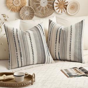 EMEMA Set of 2 Boho Decorative Throw Pillow Covers 26x26 Inch Tufted Chenille Farmhouse Cushion Covers Textured Striped Pillow Covers Accent Neutral Pillowcases for Sofa Couch Bed Grey-White