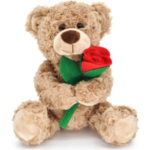 12'' Stuffed Teddy Bear Dolls with Rose, Soft Plush Animal Toys for Her/Girlfriend Lover Mom Kids Gifts Home Decor (Brown)