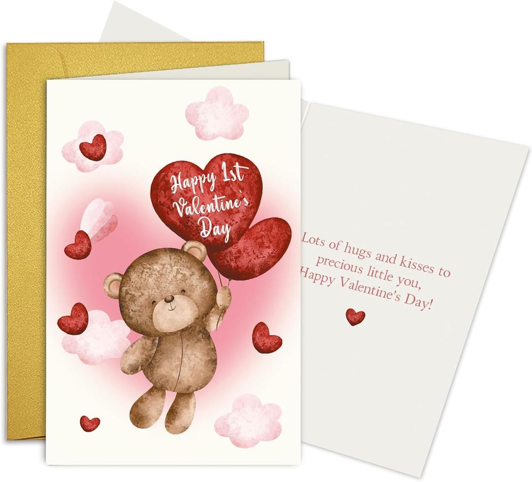 Cute Bear Baby First Valentine's Day Card, Happy 1st Valentine's Day for Baby Boy & Girl, Lovely Infant Valentines Cards, Lots of Hugs and Kisses To Precious Little You