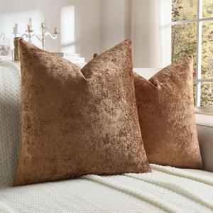 FUTEI Pack of 2 Solid Flannel Throw Pillow Covers 18x18 Inch Soft Crushed Textured Neutral Decorative Cushion Cases Vintage Farmhouse Accent for Couch Living Room, Dark Brown