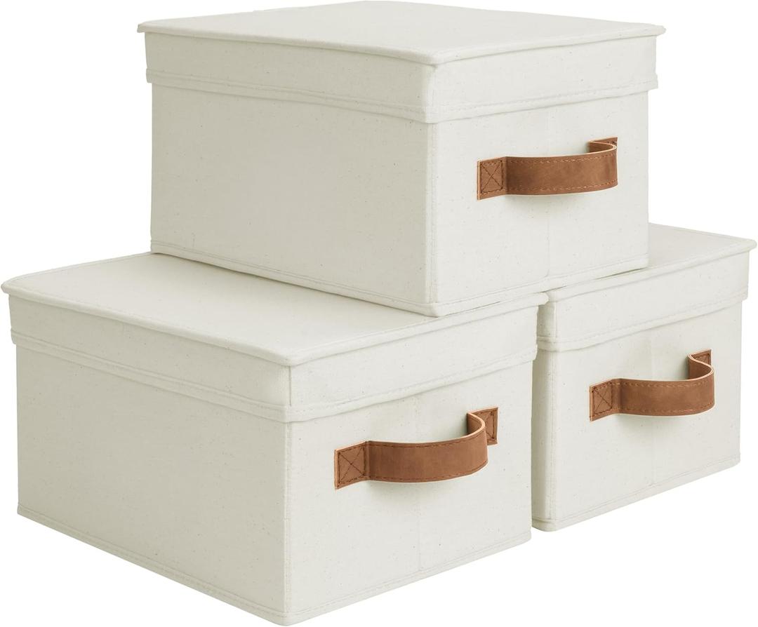 StorageWorks Storage Bins with Lids, Decorative Storage Boxes with Lid and PU Handles, Foldable Storage Baskets for Closet, Shelves, Stackable, Ivory, Medium, 3-Pack