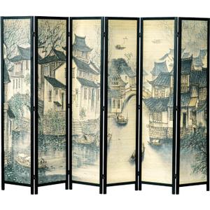 MyGift 6 Panel Room Divider Privacy Partition with Dual-Sided Vintage Asian Water Village Ink Brushed Print Design, 6FT Black Wood Framed Decorative Artwork Folding Screen 94.6''W x 68.9''H