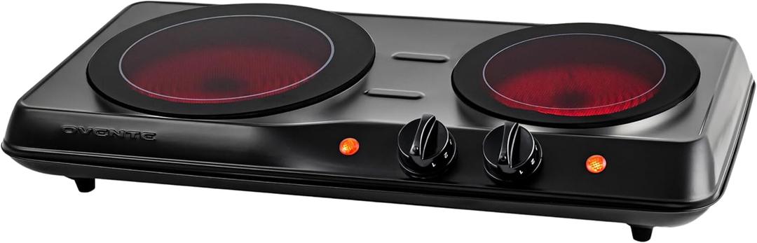 OVENTE Countertop Infrared Double Burner, 1700W Electric Hot Plate and Portable Stove with 7.75" and 6.75" Ceramic Glass Cooktop, 5 Level Temperature Setting and Easy to Clean Base, Black BGI102B