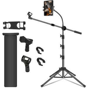 Mic Stand, Microphone Stand Floor Boom Mic Stand with Tablet Phone Holder Height Adjustable Four-legged Stand Gooseneck Boom Arm with 2 Mic Clips for Singing Stage Performance Party
