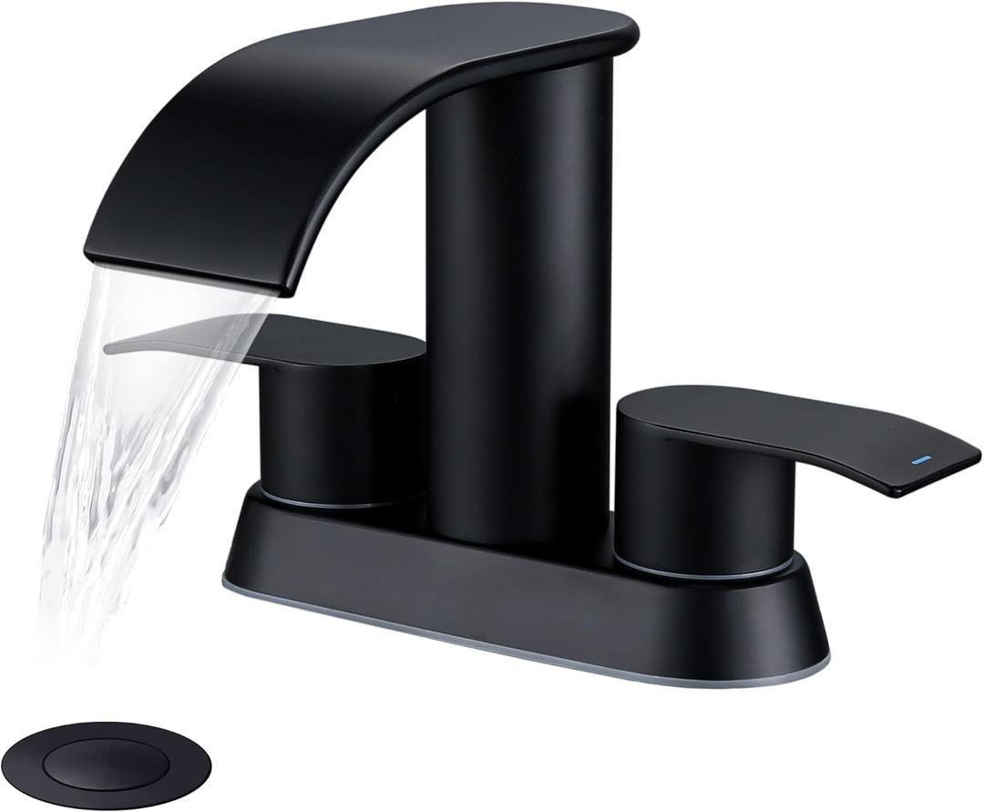 Ultimate Unicorn Waterfall Bathroom Sink Faucet Matte Black, Two Handles Bathroom Faucet with Metal Pop up Sink Drain Stopper, 2 or 3 Holes Bathroom Basin Lavatory Tap with Deck Mount Plate (4 Inch)