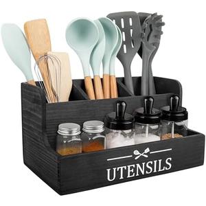 RedCall Extra Large Kitchen Utensils Holder 4 Compartments,Wood Utensil Organizer for Kitchen Countertop,Farmhouse Cooking Utensil Holder with Spice Storage space (Black)
