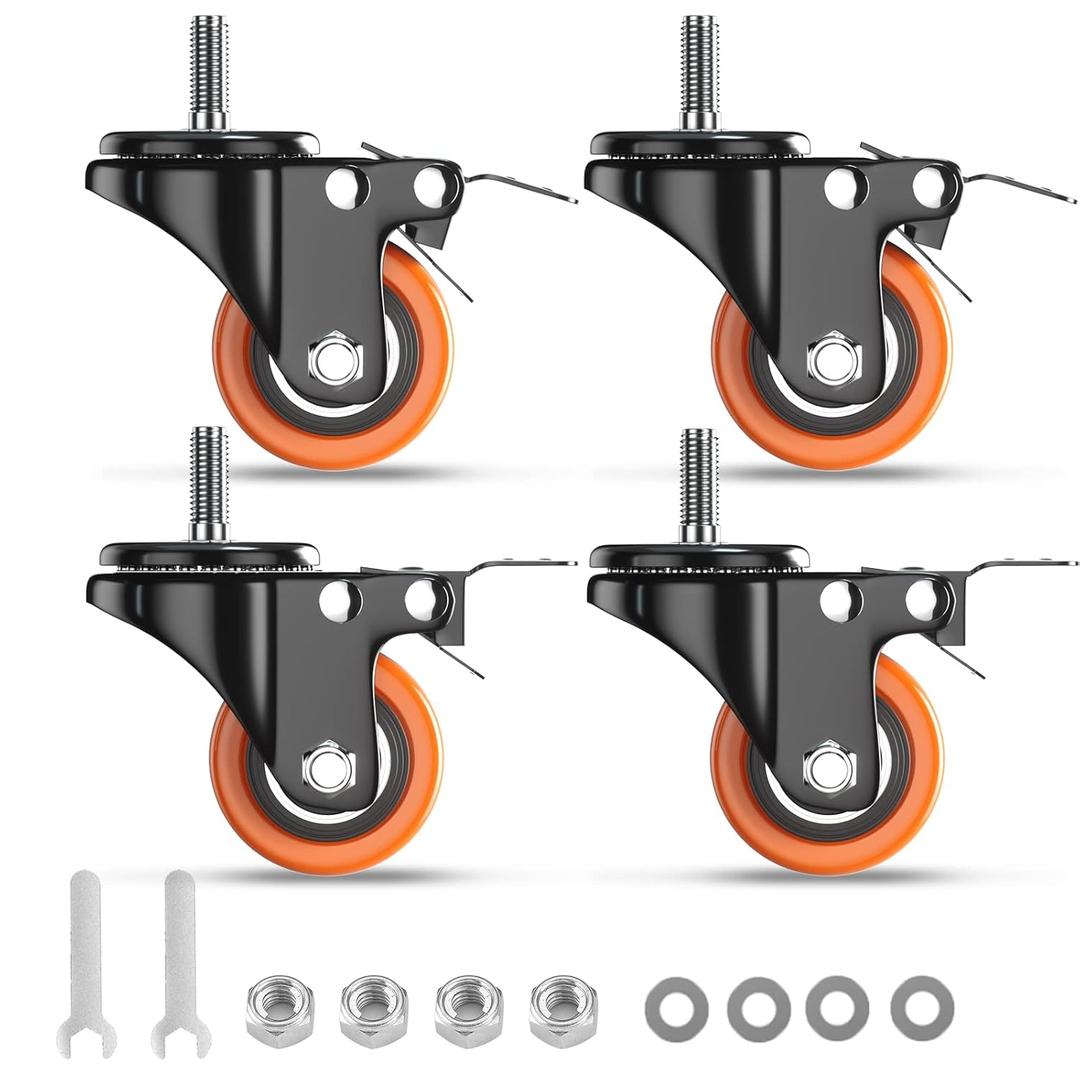 Stem Caster Wheels 2 Inch Heavy Duty Threaded Stem Casters UNC 3/8"-16 x 1 Swivel Casters Set of 4 with Safety Dual Locking Wheel for Furniture and Cart