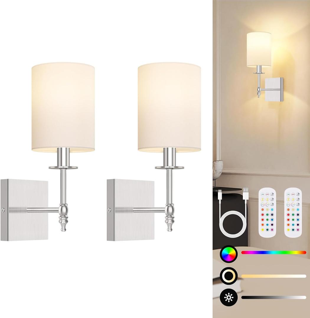 14.5 Inch Battery Operated Wall Sconces Set of 2 with Remote, Brushed Nickel Rechargeable Wireless Wall Lights with White Fabric Shade, Cordless Wall Lamps with Dimmable Detachable Bulbs for Bedroom