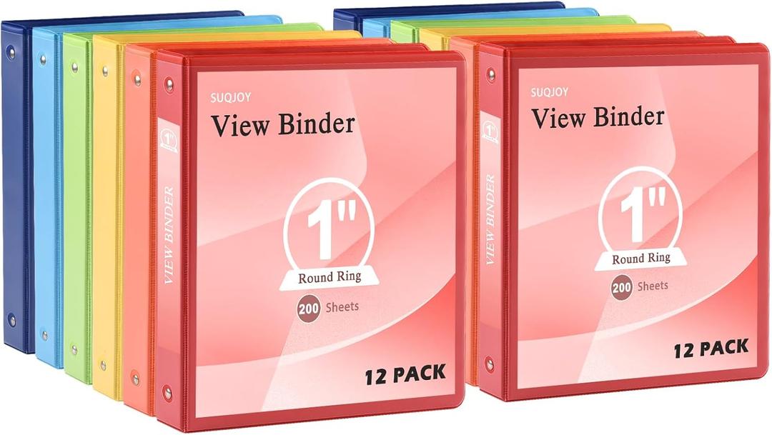 3-Ring Binder, 1 Inch Round Ring, Clear View Cover with 2 Inside Pockets, Assorted Colors, Holds 8.5 x 11 Inch Paper, 12 Count