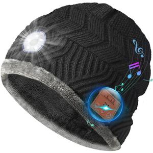Bluetooth Beanie with a Light, Rechargeable Hat with 4 LED Headlamp & Headphones, Christmas Stocking Stuffers Gifts for Men