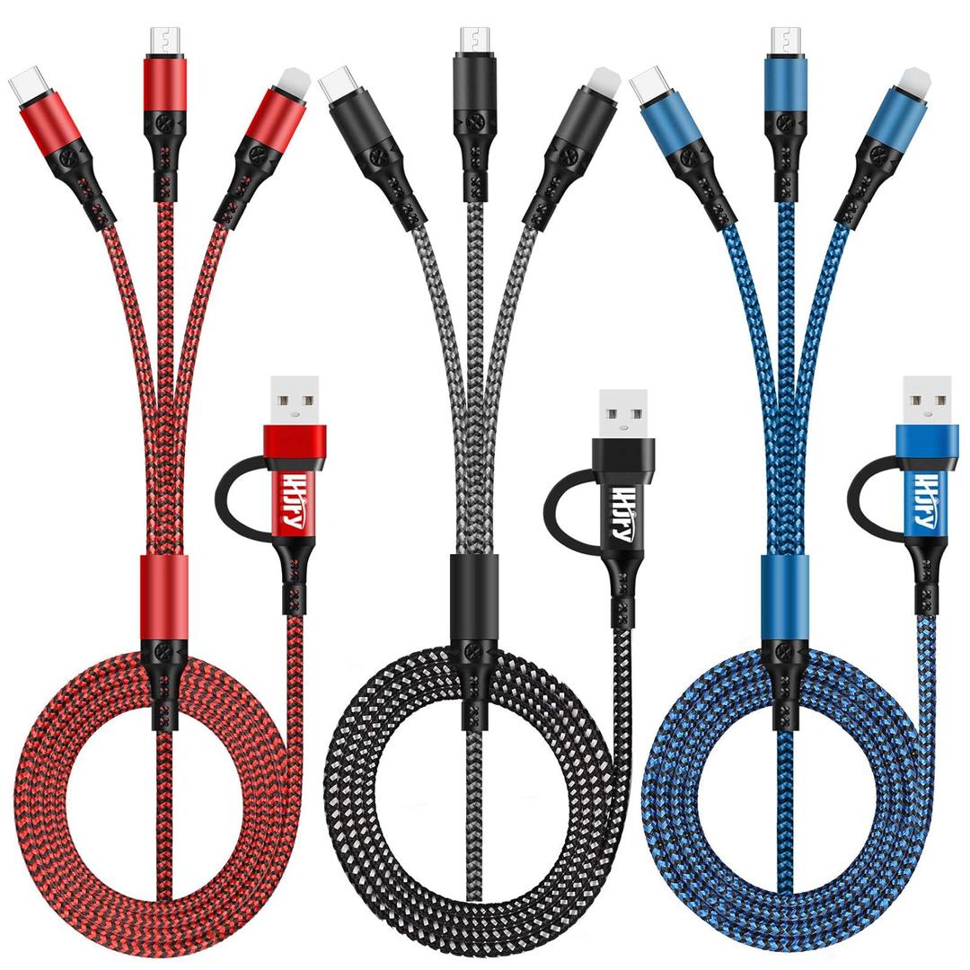Multi Charging Cable (3Pack,4ft) 6 in 1 USB A/C to USB C/Micro USB/i-P Connector Multiple Charger Cord for Cell Phone/IP/Galaxy/PS/iPads and More