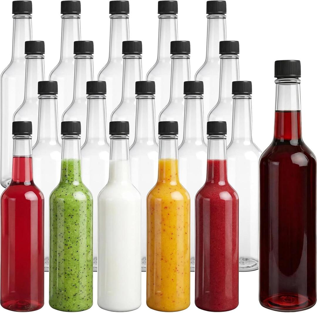 WUWEOT 21 Pcs 15 oz Plastic Wine Bottles with Caps, Empty Long Neck Coquito Bottle, Leakproof Clear Liquor Drinks Container with Screw on Lids for DIY Drinks Craft Decoration