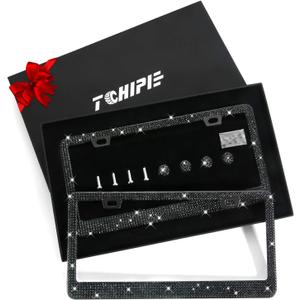 Tchipie 2 Pack Black Bling Rhinestone License Plate Frames for Women, Sparkly Diamond License Plate Frame, Bedazzled Crystal Car Accessories Cover, Glitter Tag Caps, Stainless Steel Holder(Black)