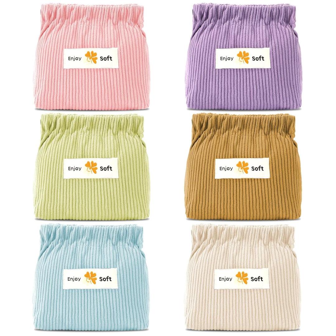 AUGSUN 6pc Corduroy Elastic Hair Tie Organizer, Storage Bag, Makeup Pouch, Travel Accessory, 5.11 x 1.96 x 4.72 IN, Milky White, Green, Blue, Coffee, Pink, Purple