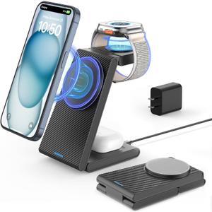 3 in 1 Wireless Charging Station, Foldable Magnetic Wireless Charger Stand for Multiple Devices, Wireless Charger for iPhone 16/15/14/13/12, Apple Watch 9/8/7/6/SE/5/4/3/2, AirPods 3/2/Pro (Dull Black)